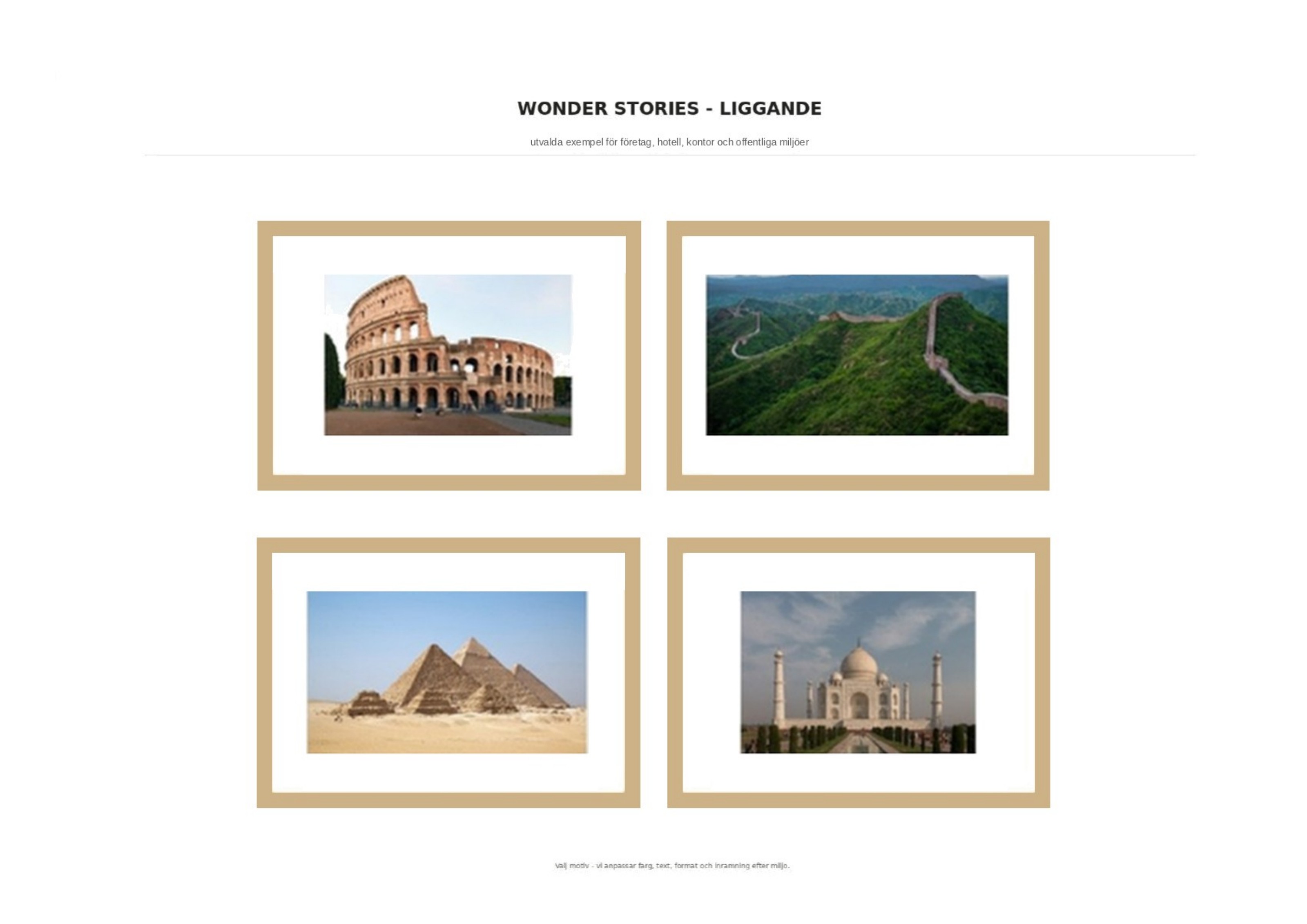 Colosseum, Kinesiska muren, Pyramiderna i Giza och Taj Mahal som inramade väggposters i liggande format.