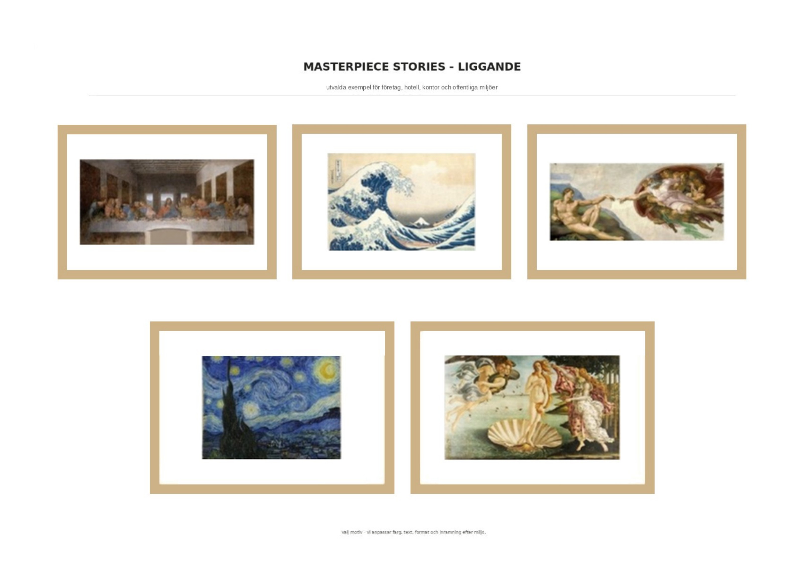 Fem klassiska liggande mästerverk som inramade väggposters — Nattvarden, Den stora vågen vid Kanagawa, Skapelsen av Adam, Stjärnenatten och Venus födelse.