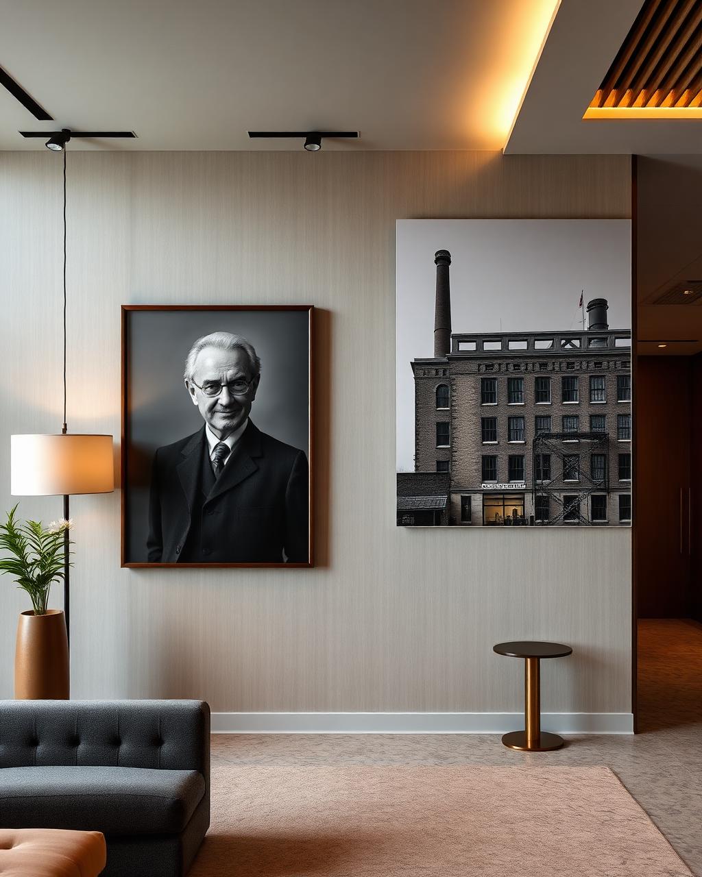 Väggkonst med grundarporträtt och historisk fabriksbyggnad i en modern kontorsmiljö.